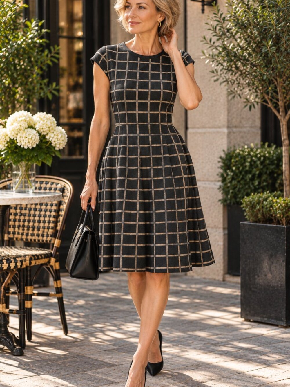 Gabby Skye Black and Tan Windowpane Fit-and-Flare Dress. EUC